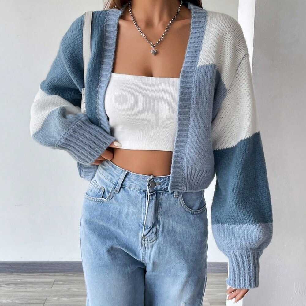 Multicolor Casual Women's Colorblock Drop Shoulder Duster Cardigan - Picture 3 of 7